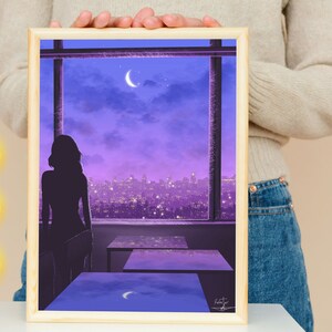 Digitales Nachtmädchen, Nachthimmel, Mädchen, das den sternenklaren Nachthimmel der Stadt betrachtet, nach der Schule, digitale Wand-Kunst-Plakat, herunterladbare JPEG PRINTABLE