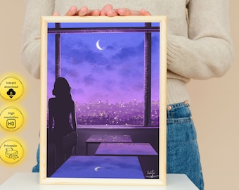 Digital Night Girl, Night sky, Girl looking at starry night city sky, After School, Digital Wall Art Poster, Downloadable JPEG PRINTABLE