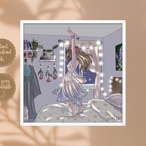 May include: A digital illustration of a woman in a white dress with a floral crown, jumping in a bedroom with string lights and a window with a night sky view.