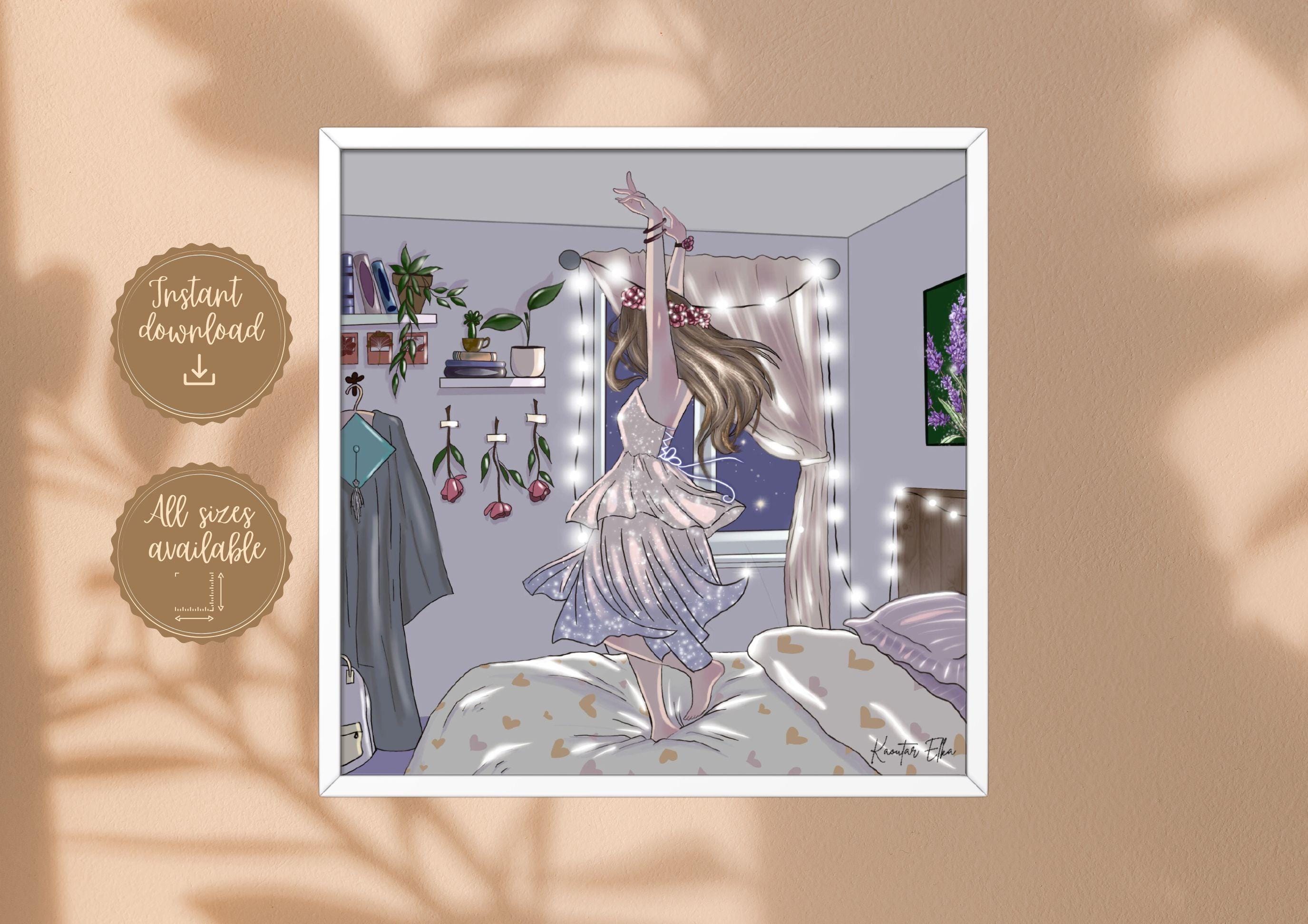 Happy Memories, Digital Artwork, Joyfull Girl In Her BedRoom, Printable Wall Art, Art Poster, Girly, happiness, downloadable JPEG