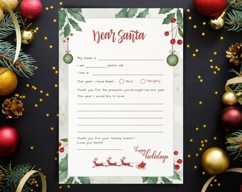 Cute Letter To Santa Printable, Easy To Print Dear Santa, Kids Wish list to Santa, Instant and Digital Download, Christmas Claus Letter