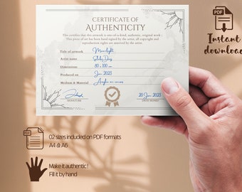 Certificate of Authenticity Template Printable, Crystal  Authenticity Certificate for Original artworks, Filled by Hand, PDF formats