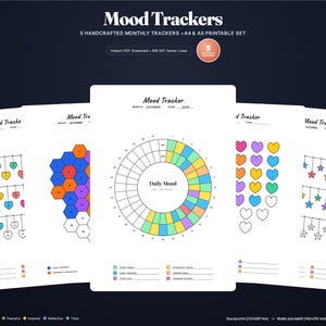 Op de afbeelding: Een set van vijf printbare stemmings-trackers met diverse ontwerpen zoals harten, zeshoeken, sterren en een cirkelvormig dagelijks schema. De pagina's bevatten teksten zoals Mood Tracker en kleurcodes voor het bijhouden van emoties in A4 en A5.