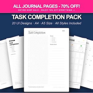 May include: A collection of white journal pages with the text "Task Completion" and various UI designs. The pages include sections for task tracking, monthly reviews, and calendar layouts. The top banner reads "ALL JOURNAL PAGES - 70% OFF!"