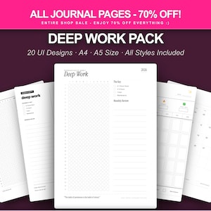 Könnte beinhalten: Eine Sammlung weißer Journalseiten mit dem Text "Deep Work" und verschiedenen UI-Designs. Die Seiten enthalten Kalender, Checklisten und einen monatlichen Überprüfungsbereich. Das obere Banner lautet "ALL JOURNAL PAGES - 70% OFF!"