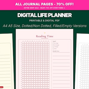 Peut inclure: Planificateur de vie numérique avec une section "Reading Time" et une grille pour suivre les progrès de lecture. Disponible en formats A4 et A5, avec des versions pointillées, non pointillées, remplies et vides. Le texte "ALL JOURNAL PAGES - 70% OFF!" est également inclus.
