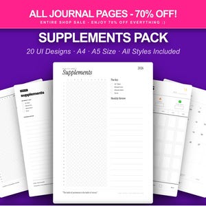 Pode incluir: Um conjunto de páginas de diário brancas com o texto "SUPPLEMENTS" e "20 UI Designs A4 A5 Size All Styles Included". As páginas apresentam layouts para rastreamento de suplementos, com seções para anotações e revisões mensais. O fundo é roxo.