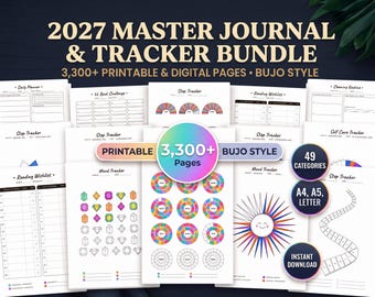 Peut inclure: Un ensemble de journal et de suivi 2027 comprenant plus de 3 300 pages imprimables et numériques dans un style bullet journal. La collection inclut divers suivis pour l'humeur, les pas, la lecture et le ménage, avec des graphismes colorés.