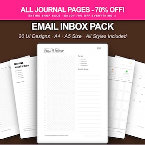 Puede incluir: Un conjunto de páginas de diario blancas con el texto "Email Inbox" y varios diseños. La pancarta superior dice "ALL JOURNAL PAGES - 70% OFF!" y "EMAIL INBOX PACK". Las páginas incluyen secciones para el seguimiento de la bandeja de entrada, revisiones mensuales, etc. Tamaños A4 y A5.