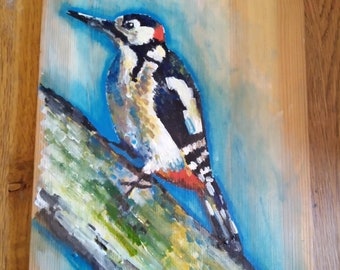 Woodpecker on branch hand painted on reclaimed wooden board