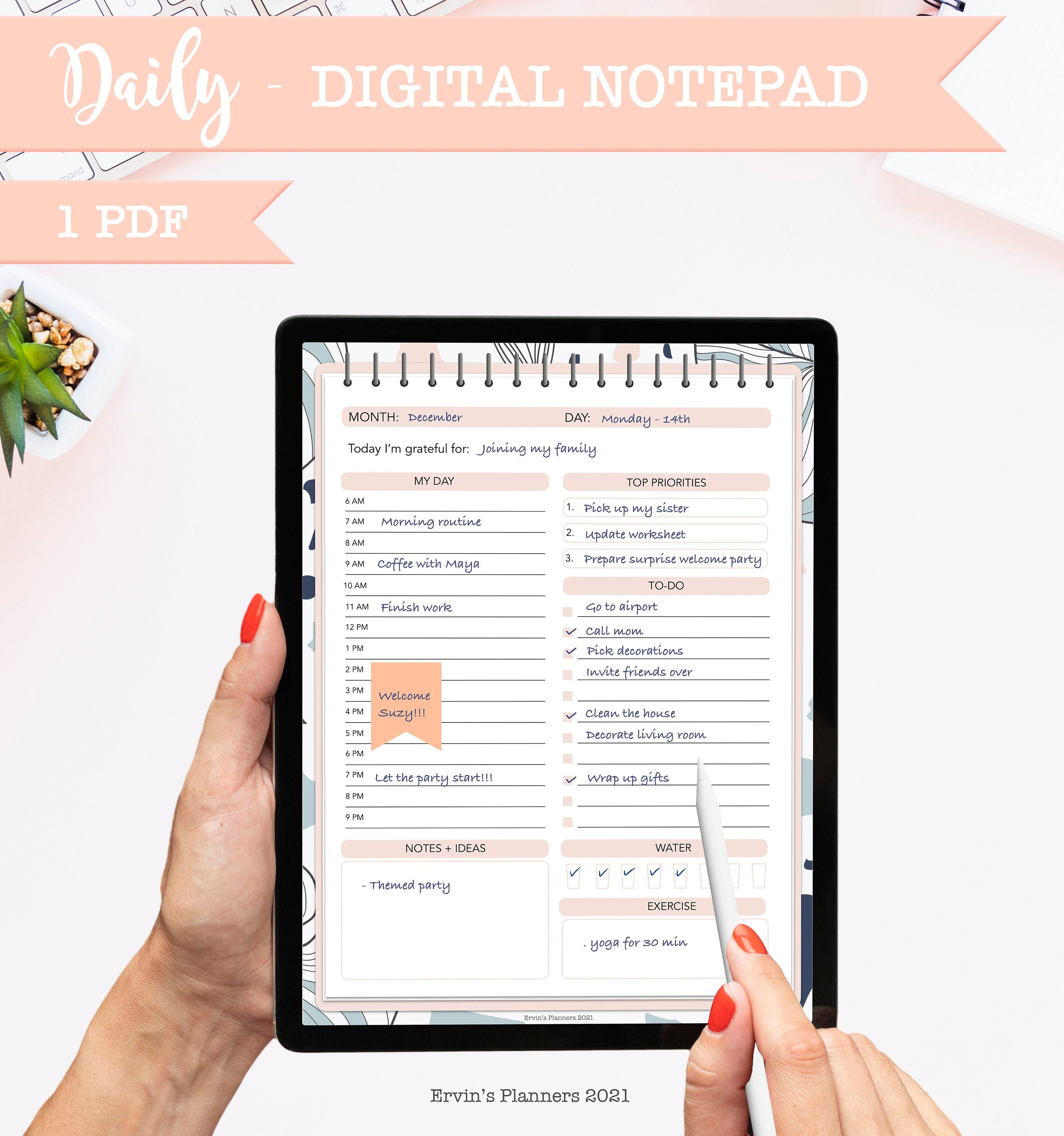 Digital daily schedule notepad template top 3 priorities with Etsy