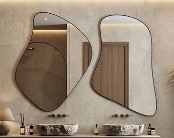 Asymmetrical Bathroom Set of Wall Mirror Black Framed Irregular Mirror Large to Small Wavy Mirror Hanging Mirror