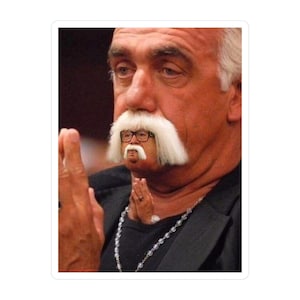 May include: A man with a white moustache and a beard. The moustache is a fake moustache and has a man's face with glasses inside of it.