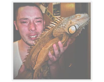 Lustiger Mann Weint mit großer Eidechse Kiss-Cut Aufkleber, Meme Aufkleber, Laptop Aufkleber, Wasserflasche Aufkleber, Humor Geschenk, Scherz Aufkleber