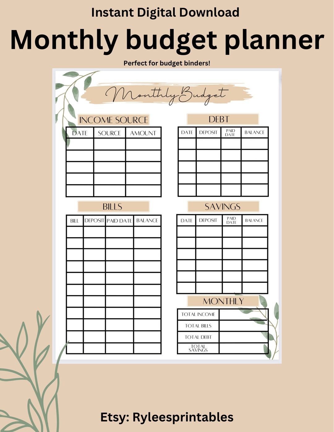 Printable Budget Planner Monthly Budget Review Finance Etsy