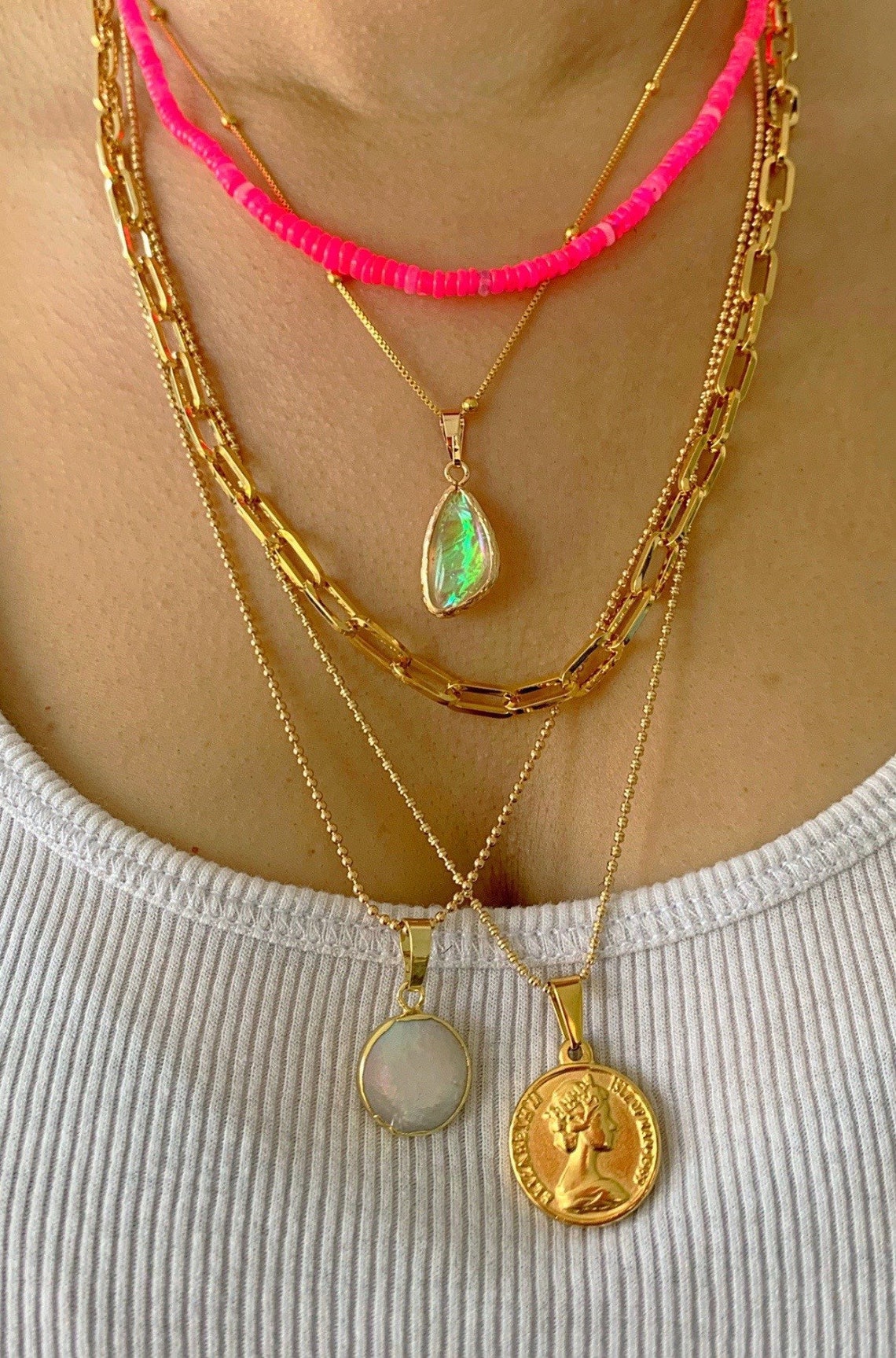 Gold-plated necklace with pendant Opal | Etsy
