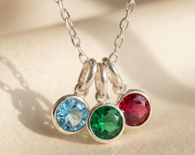 Personalised Family birthstone necklace Christmas gifts Minimal pendant Sterling Silver chain