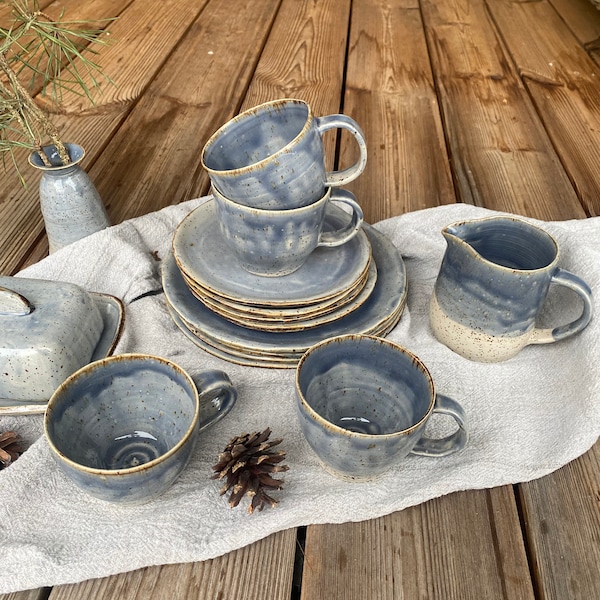 Keramieken servies blauw I koffieservies handgemaakt voor 1,2,3 of 4 personen I keramische bordenset I prachtige ontbijtservies