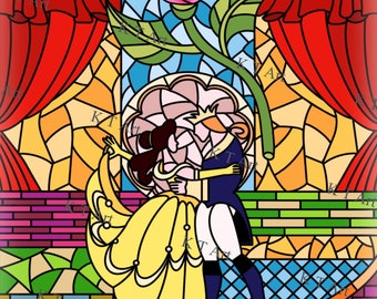Impresión inspirada en vitral de La Bella y la Bestia / Descarga digital / Impresión de pared A4