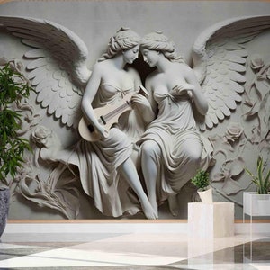 Custom Wallpaper 3D Embossed Angel Living room Bas-Relief Baroque Mural, Peel and Stick wall paper, Renaissance Art Deco wallpaper mural