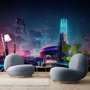Modern Cyberpunk City Wall Mural, Cyber Art Wallpaper, Self adhesive wall paper, Neon Photo Wall Print, Landscape Cyber Punk Mural wallpaper