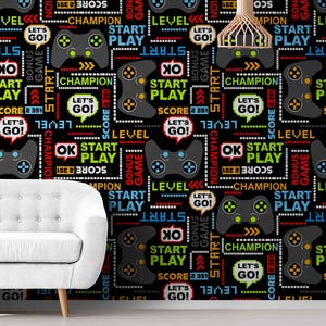 Gaming Controller Wallpaper – Colorful Video Game Wall Mural, Peel and Stick Wallpaper for Kids Playroom, Retro Gamer Room Wall Decor