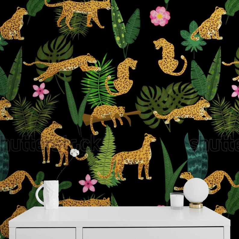 Dark Botanic Wallpaper Cheetahs Animals Tropical Print Etsy