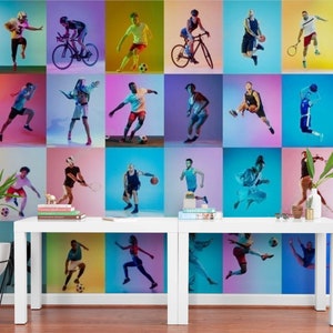 Sports Collage Wall Mural Colorful Sport Wallpaper Gym Wall Mural Wall Decor Peel and Stick Removable Collage Wallpaper Gym Wall paper Art