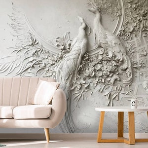 Custom Wallpaper 3D Embossed Peacock Living Room Bas-Relief Bedroom Mural 3D Wallpaper Peel and Stick wall paper Birds Photo Wall paper deco