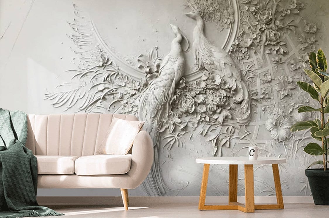 Custom Wallpaper 3D Embossed Peacock Living Room Basrelief Etsy UK