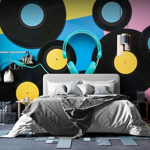 Vinyl Records Wallpaper – Music-Themed Wall Mural for Game Room or Music Room Decor, Peel and Stick or Classic Textured Wall papers Colorful