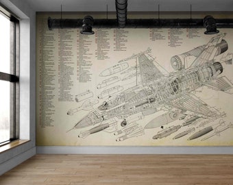 May include: A detailed line drawing of a fighter jet with its internal components exposed. The jet is shown with various weapons and equipment attached, including missiles and bombs. The drawing is on a vintage-style paper background.