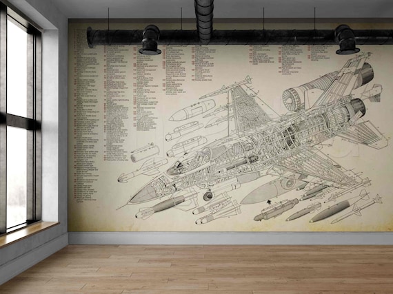 Airplane Blueprint Wall Mural, Aviation Patent Peel and Stick Wallpaper, Vintage Aircraft Accent Decor