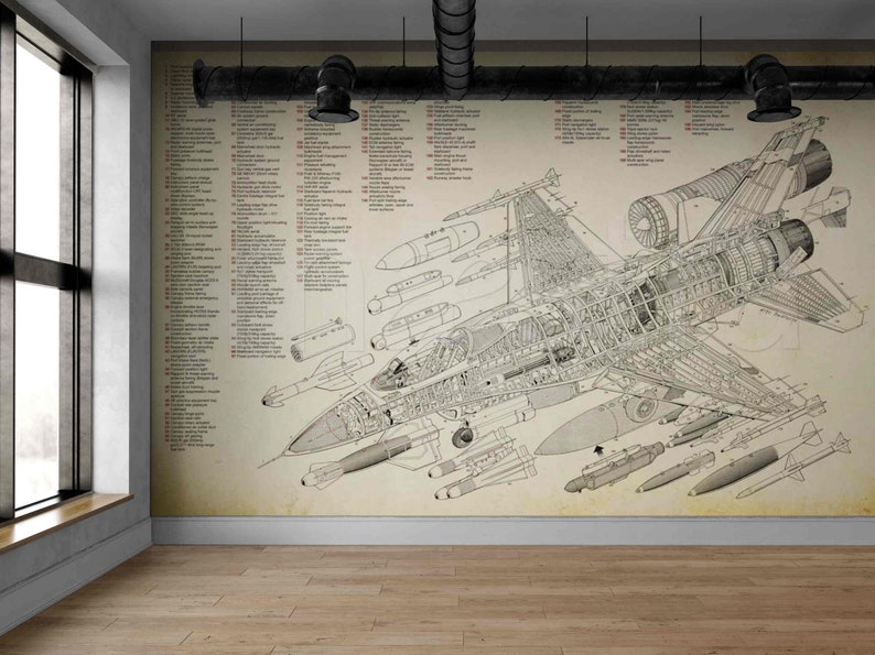 May include: A detailed line drawing of a fighter jet with its internal components exposed. The jet is shown with various weapons and equipment attached, including missiles and bombs. The drawing is on a vintage-style paper background.