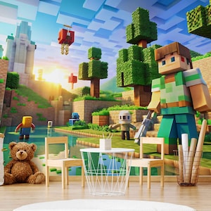 3D Game Room Wallpaper Pixel Art for Kids Bedroom or Gaming Wall Decor, Peel and Stick or Traditional Wallpaper, Minecraft Painting Mural