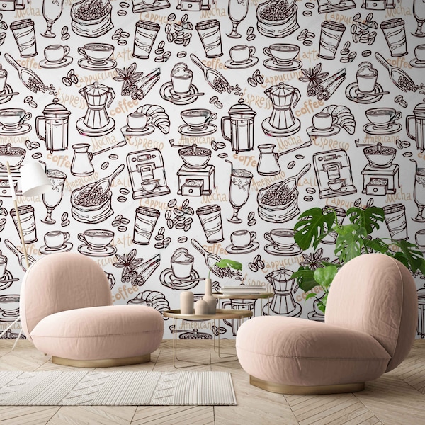 Coffee mural wallpaper Peel and stick coffee decor Coffee shop wall design Barista themed wallpaper Café interior mural accen wall paper art