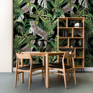 Jungle wallpaper mural - Tropical Leopard with Green Jungle Leaves Wall Art - Black Peel and Stick or Textured Wallpaper for Accent Walls