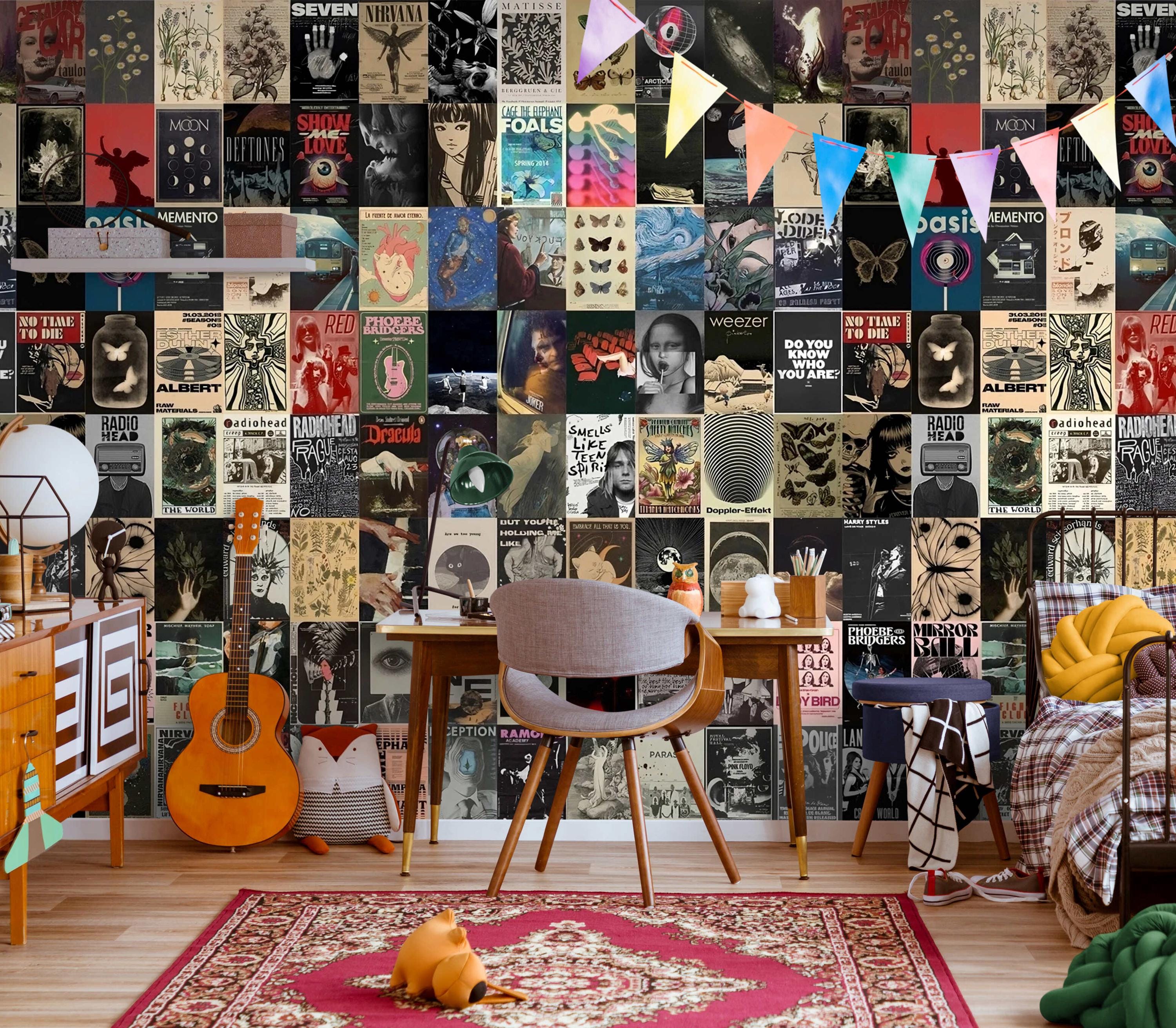 Rock Music Lovers Collage Wall Wallpaper – Aesthetic Posters Wall Decor with Vintage Grunge Wall Mural Traditional or Peel & Stick Wallpaper