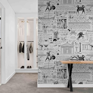 Ancient Greek Manuscript Wallpaper for Walls, Vinyl Self-Adhesive or Textured Wallpaper, Black and White Vintage Wall paper for Living Room