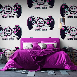 Game Over Gaming Wall Mural – Joystick Peel and Stick or Self-Adhesive Wallpaper for Gamer Bedroom or Playroom – Kids Bedroom Wall Design