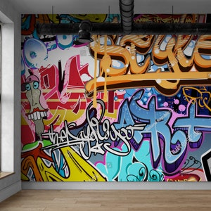 Urban Cartoon Graffiti Wallpaper: Modern Street Art & Collage of Street Mural Wallpaper - Peel and Stick Mural for Teen Room Home Decor