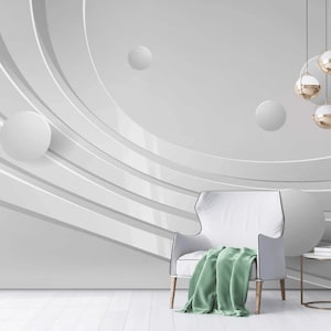 3D White Metallic Geometric Wall mural Wallpaper, White Line with Balls Non-Woven Textured Wall paper Removable Art 3d Wallpaper Wall Print