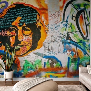 Graffiti John Lennon Wall Mural – Peel and Stick Urban Music Wall Art Wallpaper for Living Room & Bedroom Accent Wall, Graffiti Street Art