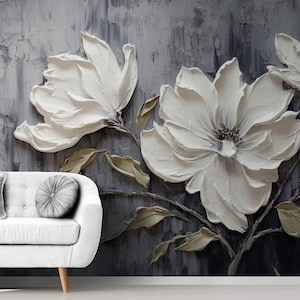 Textured 3D White Flower Wall Mural –  Custom Peel and Stick or Fabric Wall Covering, Modern Floral Wallpaper for Living Room or Bedroom