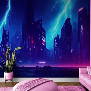 Nightlife Cyberpunk Wallpaper, Teenage Bedroom Decor, Cyber City Mural Home and Living, Cyberpunk Peel and Stick Mural Wallpaper, Cyber Art