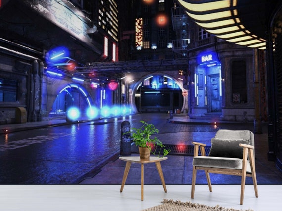 Cyberpunk Cityscape Wall Mural, Graffiti Art Wall paper Decor