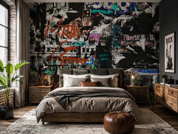 Graffiti Mural Peel and Stick Wallpaper, Urban Street Art Wall Covering, Loft Decor Accent Wall, Modern Graffiti Wallpaper