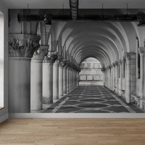 Architectural Wall Mural - Classic Columns and Arches 3D Wallpaper for Interior Decor, DIY peel and stick application for hallway decoration