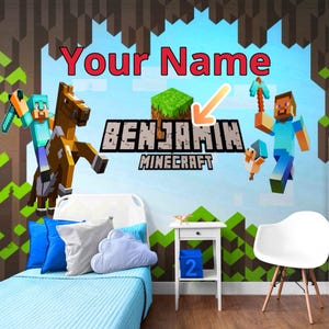 Personalized Name Wall Mural - Minecraft-Style Painting, Custom Game Room Decor, Unique Gift for Boys or Girls, Peel and Stick Kids Art