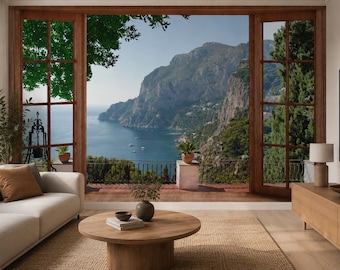 Mediterranean Window Wallpaper Mural, Amalfi Coast Sea View, Peel and Stick Wall Mural